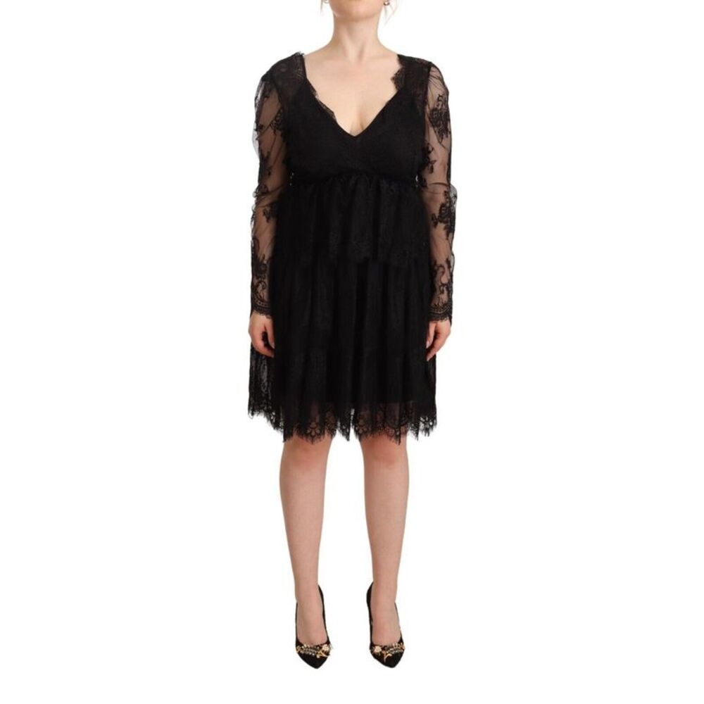 Aniye By Black Floral Lace Cotton Long Sleeves V-neck Shift Women's Dress